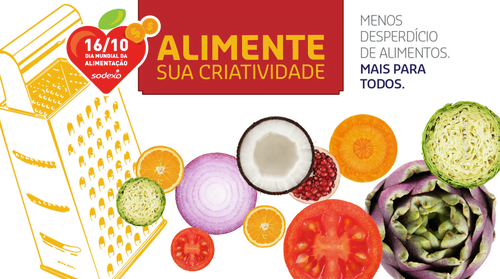 Legumes em formatos circulares. Em cima um letreiro vermelho, escrito com fonte laranja "Alimente sua criatividade"