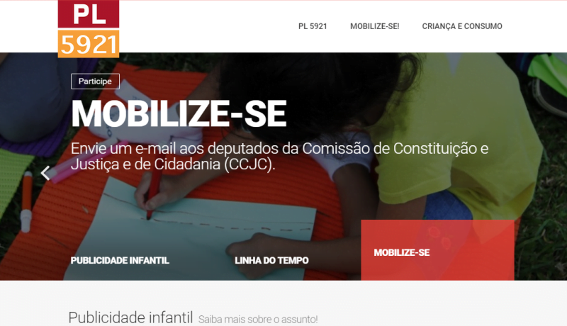 Página inicial do site com a foto de uma criança escrevendo e o texto: PL5921. Mobilize-se. Envie um email aos deputados.