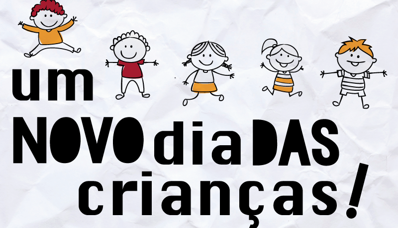 Ilustração de crianças em um fundo branco, escrito "Um novo dia das crianças"