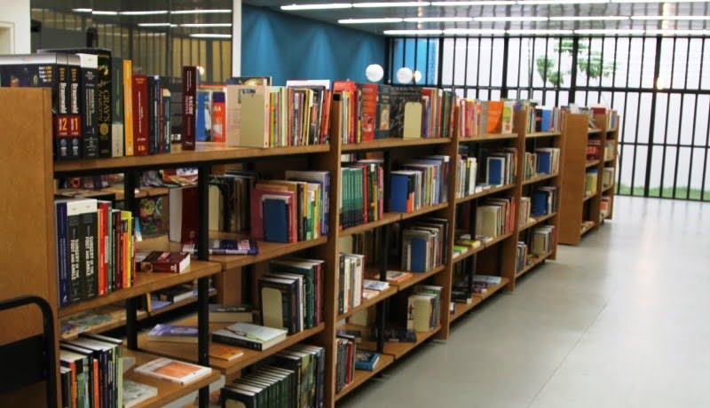 Foto da biblioteca do Espaço Alana mostra livros organizados em uma estante comprida