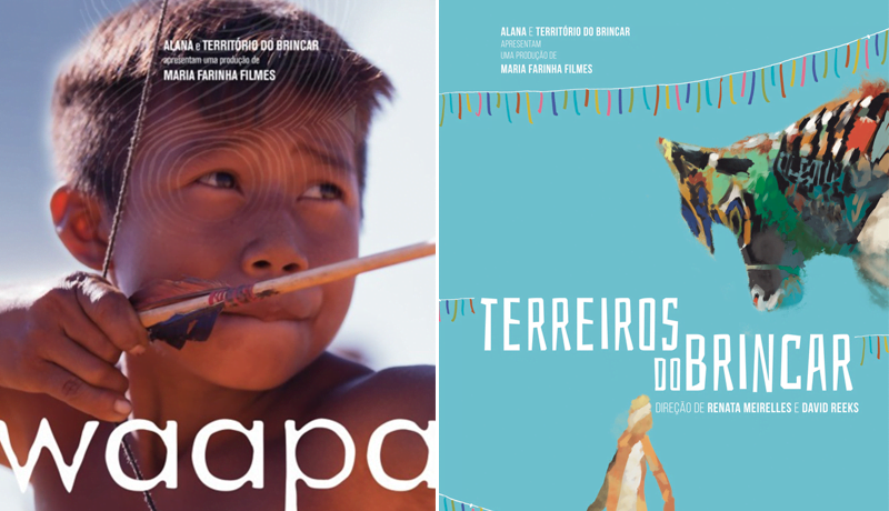 Banners dos filmes "Waapa", com uma criança indígena com um arco e flecha, e do "Terreiros do brincar", com fitas coloridas