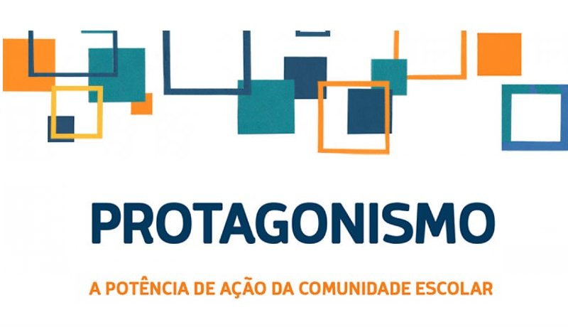 Identidade visual da publicação "Protagonismo", misturando quadrados nas cores azul escuro, azul petróleo e laranja