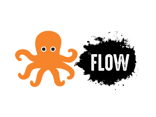 Logo com o desenho de um polvo laranja e o texto: flow