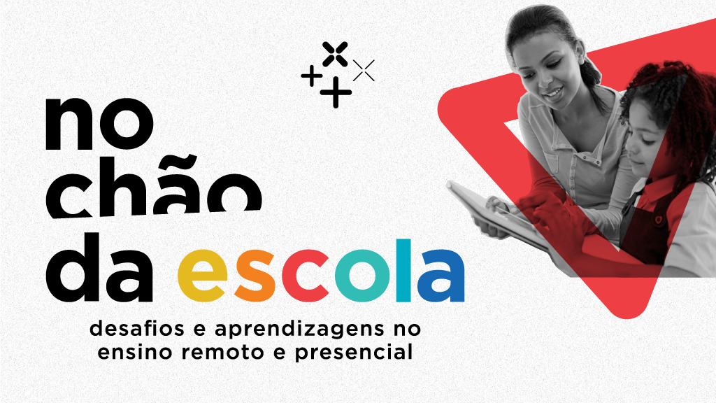 Logo do evento "No chão da escola” e foto em preto e branco de um adulto e uma criança que olhando para um tablet