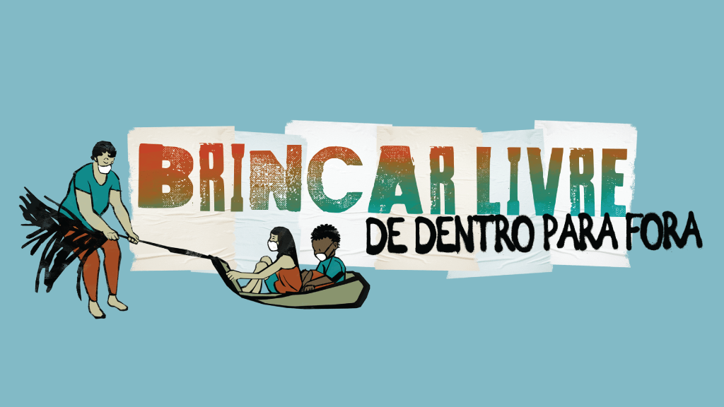 Logo do filme Brincar Livre - de dentro para fora. Abaixo, a imagem de uma mulher adulta puxando duas crianças que estão sentadas em uma grande folha de palmeira.