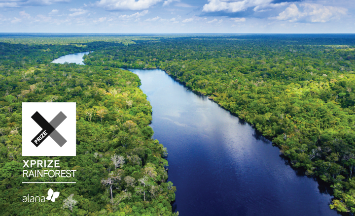 Fotografia de rio cruzando uma floresta tropical, com os logotipos do INstituto Alana e do prêmio XPrize Rainforest aplicados sobre ela